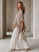 Women's Premium Khaki Ruffled Top And Raw-Hem Straight-Leg Trousers Set ZMZ2560H6SWL