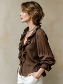 Women's Classic Brown Cotton-Linen V-Neck Long-Sleeve Shirt ZMZ2431H9SWL