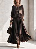 Women's Classic Dark Brown Knitted Long-sleeve Top And Skirt Set ZMZ2536H8SWL
