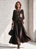 Women's Classic Dark Brown Knitted Long-sleeve Top And Skirt Set ZMZ2536H8SWL