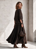 Women's Classic Dark Brown Knitted Long-sleeve Top And Skirt Set ZMZ2536H8SWL
