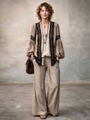 Women's Classic Khaki Cotton Linen Lace Trim Unbuttoned Long-Sleeve Shirt ZMZ2417H1SWL