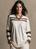 Women's Vintage Casual Cotton & Mesh Striped-Panel Long-Sleeve Pullover T-Shirt ZMZ2699H0ZJY