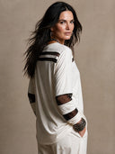 Women's Vintage Casual Cotton & Mesh Striped-Panel Long-Sleeve Pullover T-Shirt ZMZ2699H0ZJY
