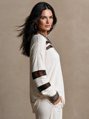 Women's Vintage Casual Cotton & Mesh Striped-Panel Long-Sleeve Pullover T-Shirt ZMZ2699H0ZJY