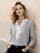 Women's Fashion Striped Floral Lace Collar Long-Sleeved Top ZMZ2688H7SWL