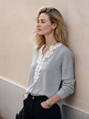 Women's Fashion Striped Floral Lace Collar Long-Sleeved Top ZMZ2688H7SWL