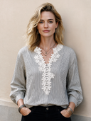 Women's Fashion Striped Floral Lace Collar Long-Sleeved Top ZMZ2688H7SWL