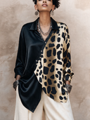 Women's Classic Acetate Satin V-Neck Color-Block Leopard Print Long-Sleeve Shirt ZMZ2681H3SWL