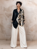 Women's Classic Acetate Satin V-Neck Color-Block Leopard Print Long-Sleeve Shirt ZMZ2681H3SWL