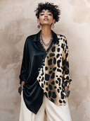 Women's Classic Acetate Satin V-Neck Color-Block Leopard Print Long-Sleeve Shirt ZMZ2681H3SWL