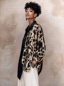 Women's Classic Acetate Satin V-Neck Color-Block Leopard Print Long-Sleeve Shirt ZMZ2681H3SWL
