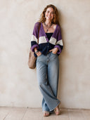 Women's Classic V-Neck Color-Block Mesh Knit Cardigan ZMZ2637H1SWL