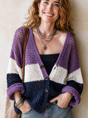 Women's Classic V-Neck Color-Block Mesh Knit Cardigan ZMZ2637H1SWL