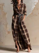 Women's Retro Casual Elegant Plaid Lapel Long Sleeve Maxi Dress ZMZ2652H4ZJY