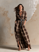 Women's Retro Casual Elegant Plaid Lapel Long Sleeve Maxi Dress ZMZ2652H4ZJY