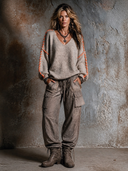 Women's French-style Relaxed V-neck Color-blocked Knit Sweater ZMZ2623H1XT
