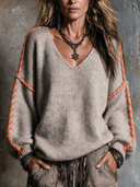 Women's French-style Relaxed V-neck Color-blocked Knit Sweater ZMZ2623H1XT