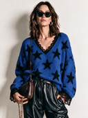 Women's Casual Street Style Star Jacquard V-neck Lace-trimmed Sweater ZMZ2628H6XT