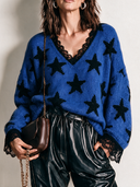 Women's Casual Street Style Star Jacquard V-neck Lace-trimmed Sweater ZMZ2628H6XT
