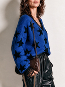 Women's Casual Street Style Star Jacquard V-neck Lace-trimmed Sweater ZMZ2628H6XT