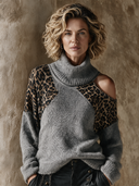 Women's Retro Leopard Print Color-Block Turtleneck Off-Shoulder Sweater ZMZ2522H2XT