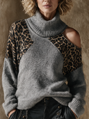 Women's Retro Leopard Print Color-Block Turtleneck Off-Shoulder Sweater ZMZ2522H2XT