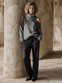 Women's Retro Leopard Print Color-Block Turtleneck Off-Shoulder Sweater ZMZ2522H2XT