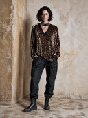 Women's Vintage Leopard Print Velvet Long-Sleeve V-Neck Shirt ZMZ2520H9XT