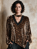 Women's Vintage Leopard Print Velvet Long-Sleeve V-Neck Shirt ZMZ2520H9XT