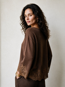 Women's Vintage-Style Elegant Long-Sleeve V-Neck Sweater With Lace Paneling At Cuffs And Hem ZMZ2661H4ZYY