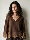 Women's Vintage-Style Elegant Long-Sleeve V-Neck Sweater With Lace Paneling At Cuffs And Hem ZMZ2661H4ZYY