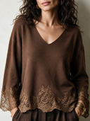 Women's Vintage-Style Elegant Long-Sleeve V-Neck Sweater With Lace Paneling At Cuffs And Hem ZMZ2661H4ZYY
