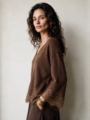 Women's Vintage-Style Elegant Long-Sleeve V-Neck Sweater With Lace Paneling At Cuffs And Hem ZMZ2661H4ZYY