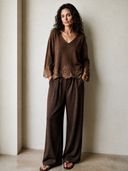 Women's Vintage-Style Elegant Long-Sleeve V-Neck Sweater With Lace Paneling At Cuffs And Hem ZMZ2661H4ZYY