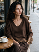 Women's Vintage-Style Elegant Long-Sleeve V-Neck Sweater With Lace Paneling At Cuffs And Hem ZMZ2661H4ZYY