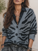 Women's Vintage-Style Casual Zebra-Pattern Jacquard Knit V-Neck Single-Breasted Cardigan ZMZ2633H3ZYY