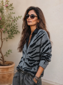 Women's Vintage-Style Casual Zebra-Pattern Jacquard Knit V-Neck Single-Breasted Cardigan ZMZ2633H3ZYY