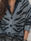 Women's Vintage-Style Casual Zebra-Pattern Jacquard Knit V-Neck Single-Breasted Cardigan ZMZ2633H3ZYY