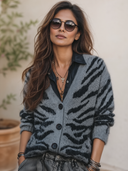 Women's Vintage-Style Casual Zebra-Pattern Jacquard Knit V-Neck Single-Breasted Cardigan ZMZ2633H3ZYY