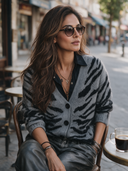 Women's Vintage-Style Casual Zebra-Pattern Jacquard Knit V-Neck Single-Breasted Cardigan ZMZ2633H3ZYY