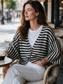Women's Classic Retro Casual Black & White Striped V-Neck Single-Breasted Knit Cardigan ZMZ2628H5ZYY