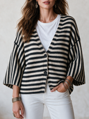 Women's Classic Retro Casual Black & White Striped V-Neck Single-Breasted Knit Cardigan ZMZ2628H5ZYY