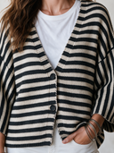 Women's Classic Retro Casual Black & White Striped V-Neck Single-Breasted Knit Cardigan ZMZ2628H5ZYY