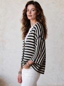 Women's Classic Retro Casual Black & White Striped V-Neck Single-Breasted Knit Cardigan ZMZ2628H5ZYY