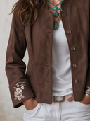 Women's Classic Retro Casual Faux Suede Single-Breasted Jacket With Stand Collar And Cuff Embroidery ZMZ2691H8ZYY