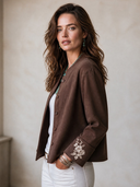 Women's Classic Retro Casual Faux Suede Single-Breasted Jacket With Stand Collar And Cuff Embroidery ZMZ2691H8ZYY