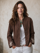 Women's Classic Retro Casual Faux Suede Single-Breasted Jacket With Stand Collar And Cuff Embroidery ZMZ2691H8ZYY