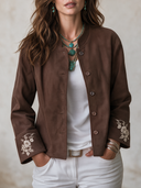 Women's Classic Retro Casual Faux Suede Single-Breasted Jacket With Stand Collar And Cuff Embroidery ZMZ2691H8ZYY