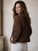 Women's Classic Retro Casual Faux Suede Single-Breasted Jacket With Stand Collar And Cuff Embroidery ZMZ2691H8ZYY